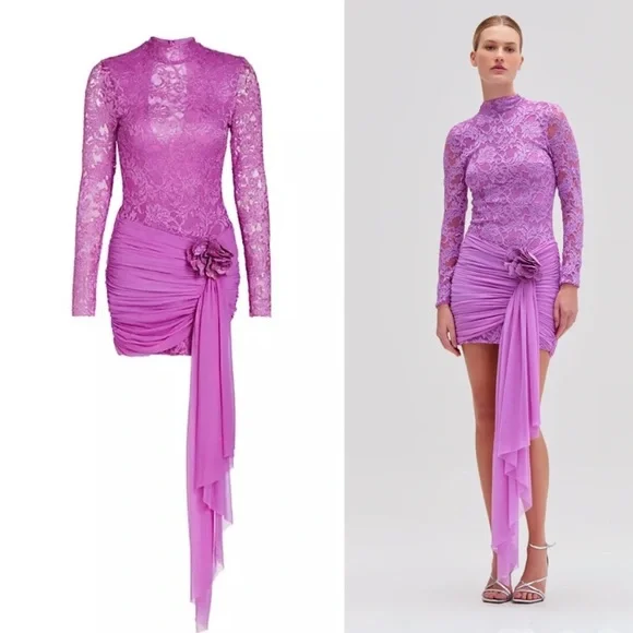 PatBo Lace Ruched Mini Dress | Purple | Party /Cocktail / Wedding Guest | Size 8 - Picture 1 of 5